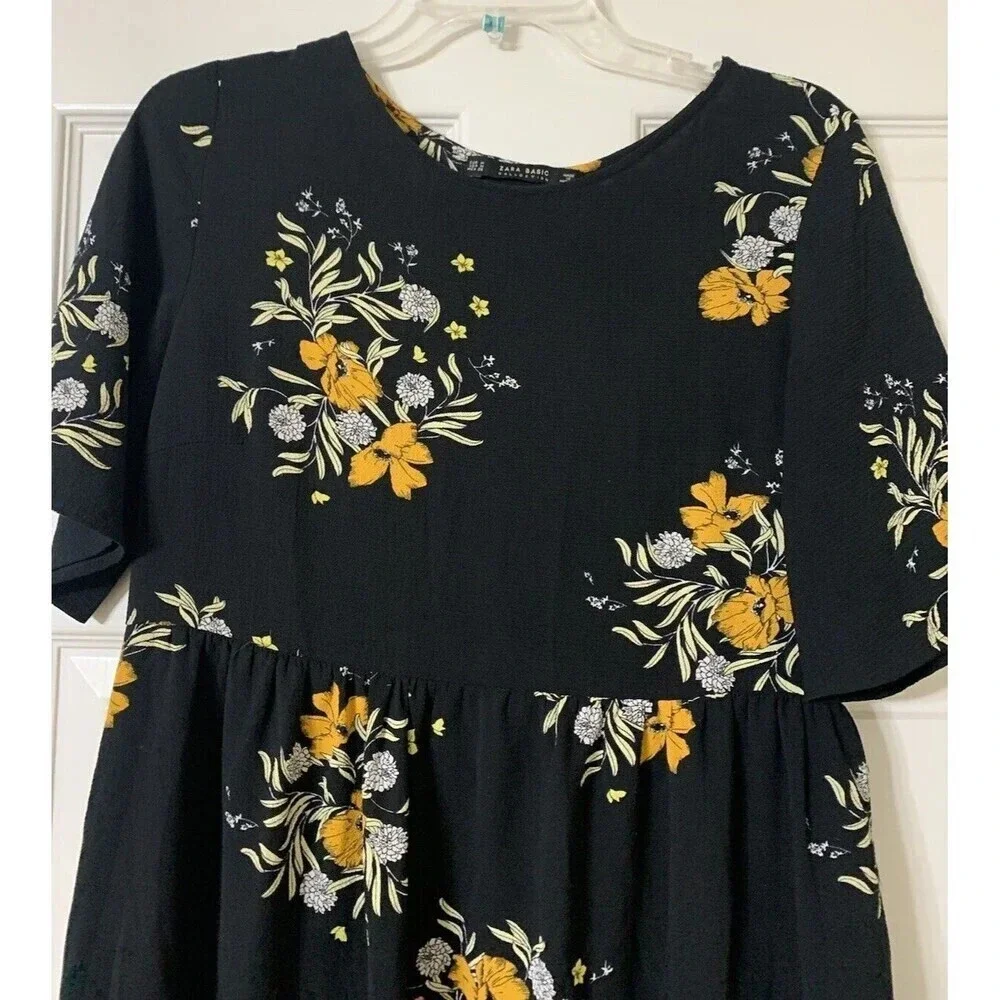 ZARA Floral Lace Up Back‎ Midi Dress ShortSleeves Medium Black Yellow